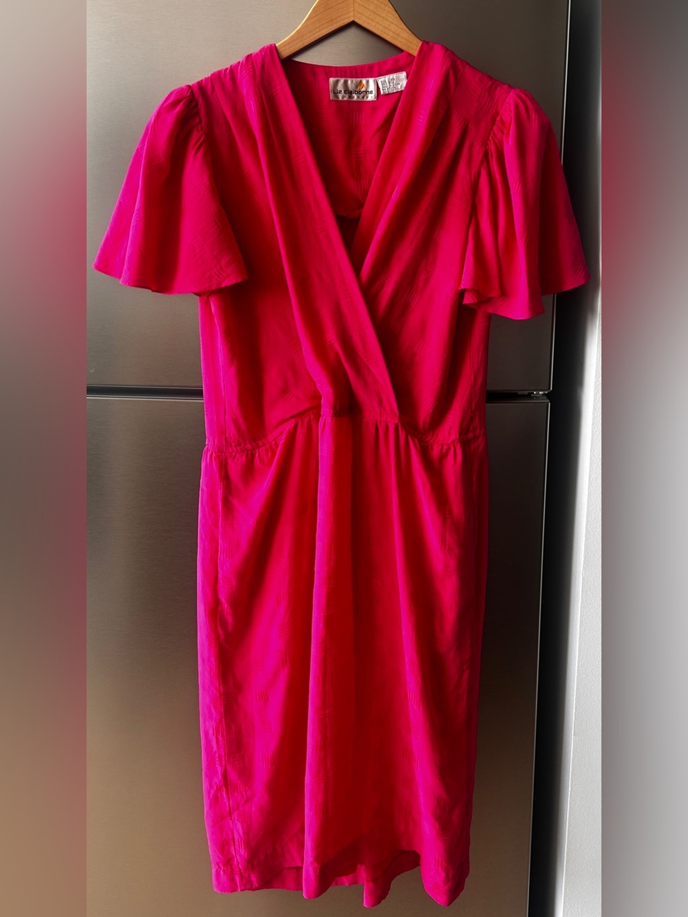 Vintage Liz Claiborne 100% Silk Pink Wrap Style Midi Dress Size 10